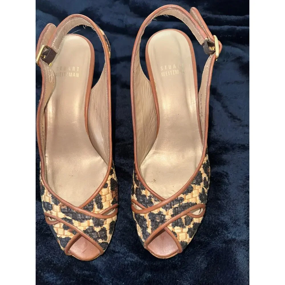 STUART WEITZMAN LEOPARD ANIMAL PRINT RAFFIA WEDGE SANDALS ESPADRILLES